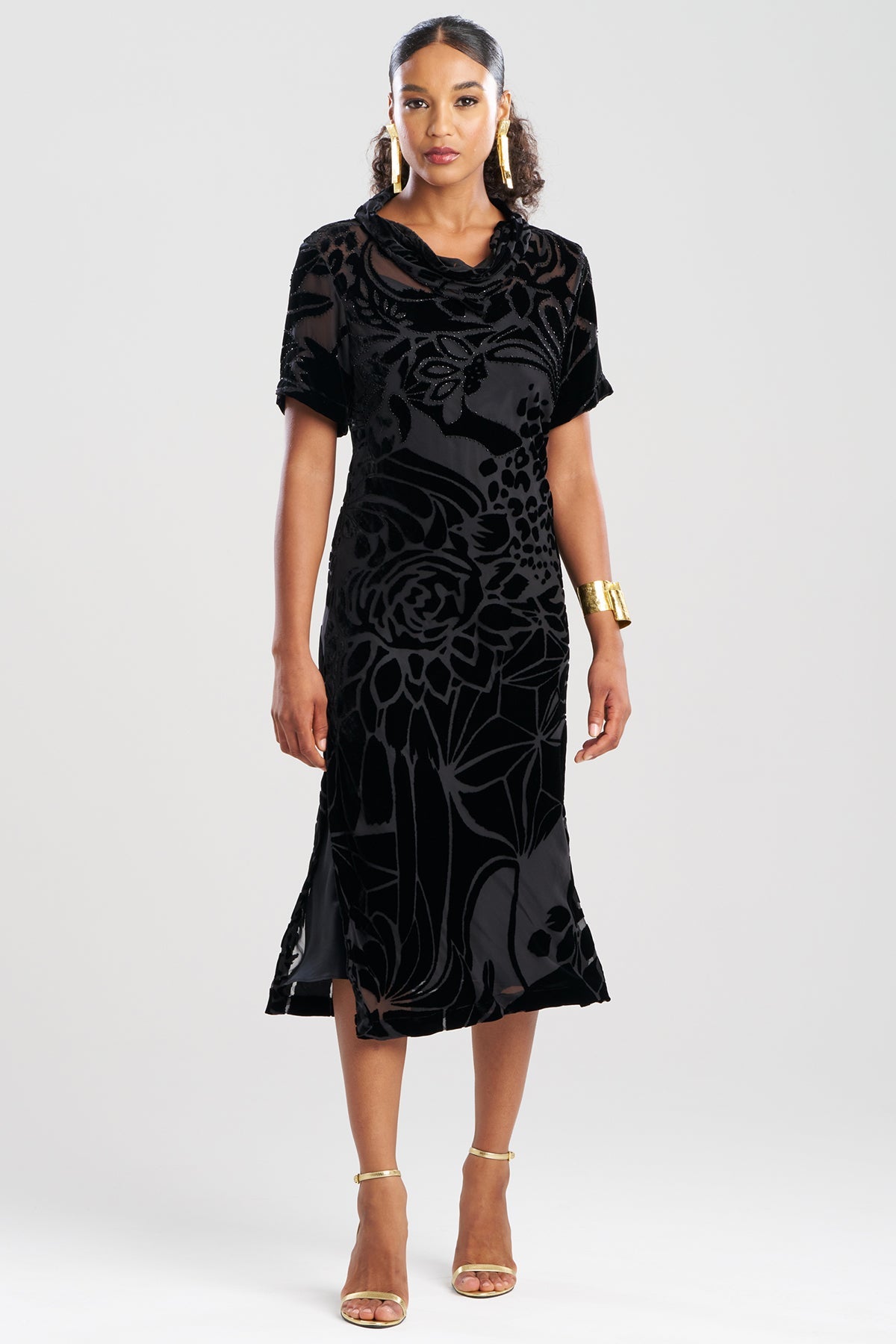 NATORI Couture Burnout Velvet Beaded Dress