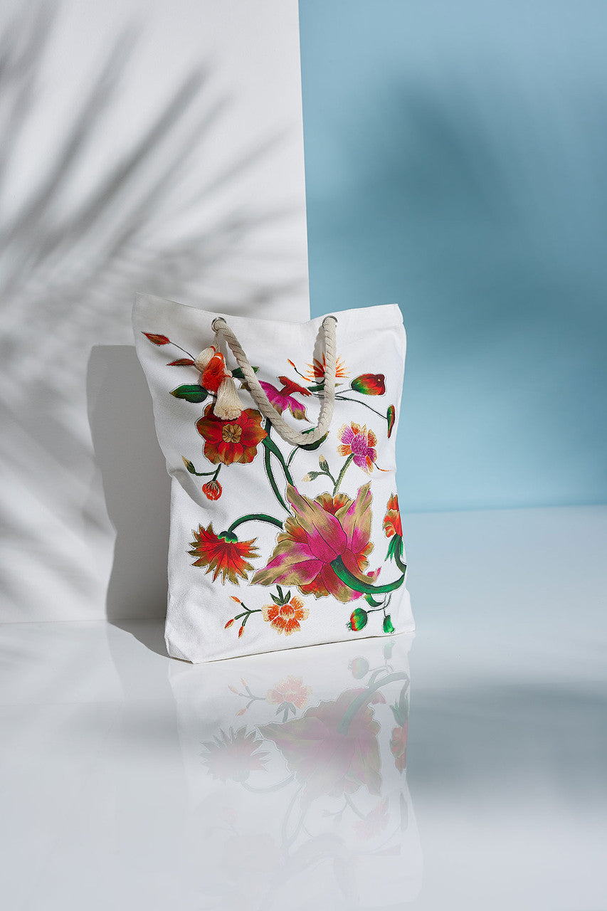 NATORI Buy Chikayo Embroidered Canvas Tote Bag in White Multi Online