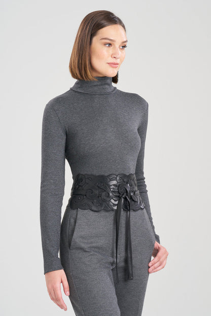 NATORI Buy Vegan Luxe Lambskin Embroidered Scroll Obi Belt in Black Online