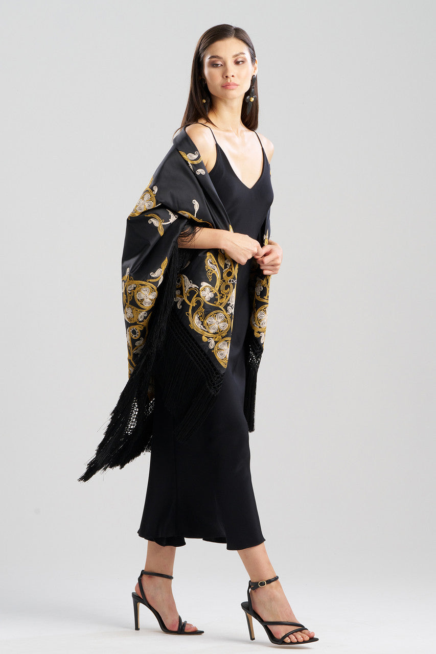NATORI Buy Silk Dupioni Embroidered Silk Fringe Shawl in Black Online