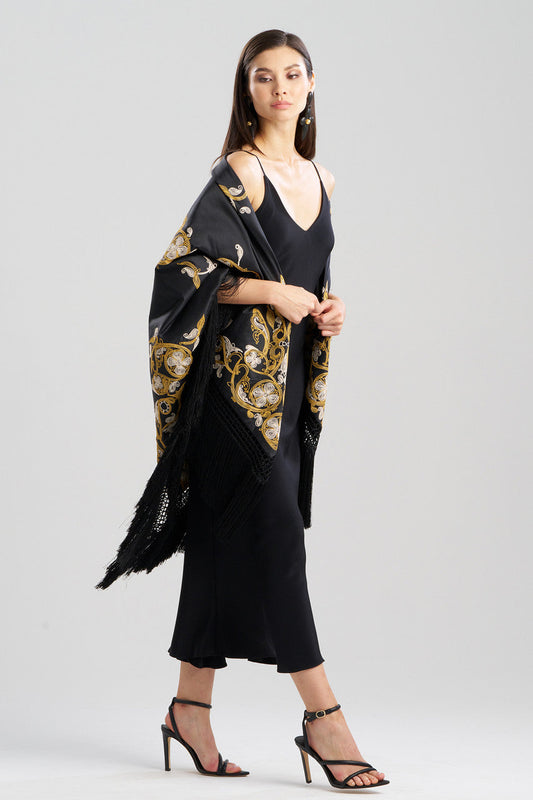 NATORI Buy Silk Dupioni Embroidered Silk Fringe Shawl in Black Online