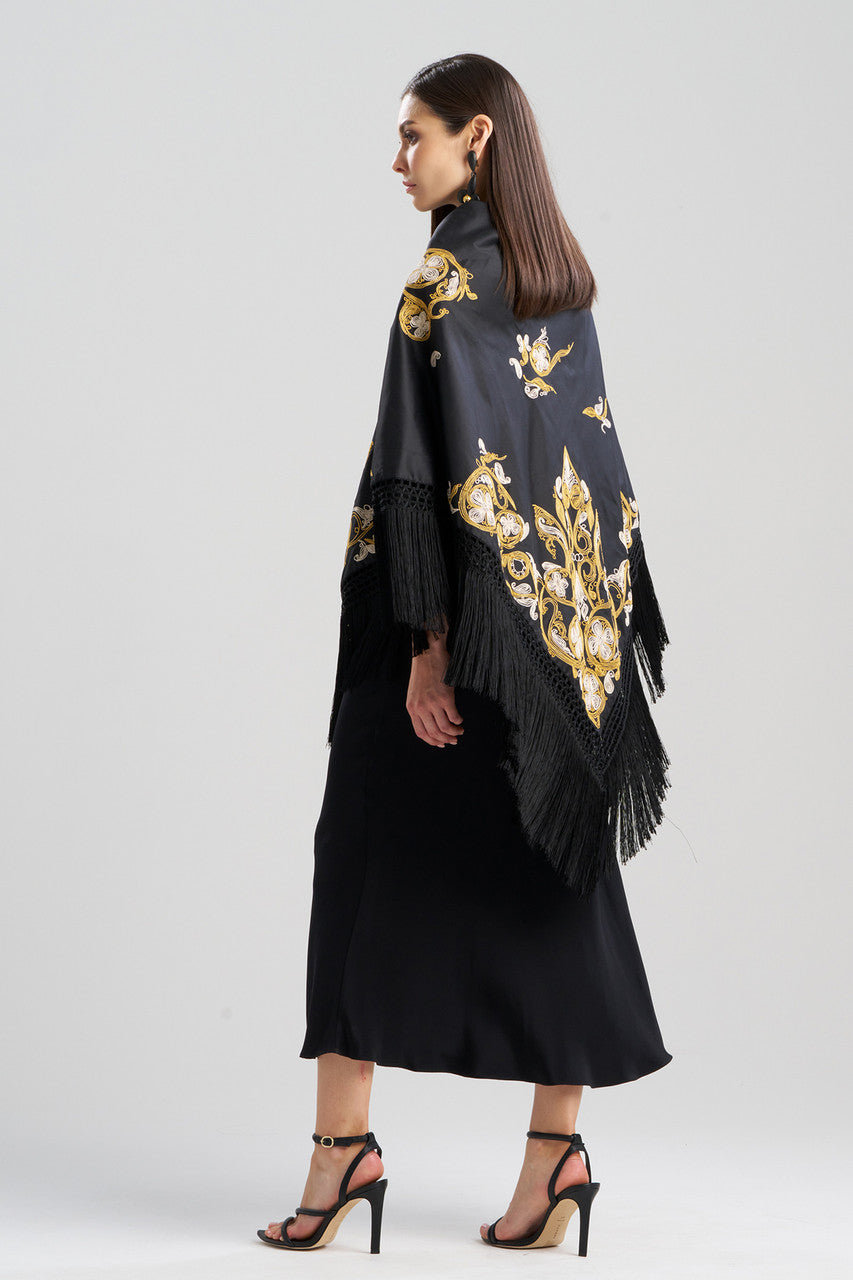 NATORI Buy Silk Dupioni Embroidered Silk Fringe Shawl in Black Online