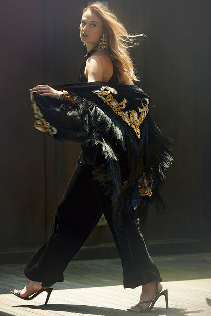 NATORI Buy Silk Dupioni Embroidered Silk Fringe Shawl in Black Online