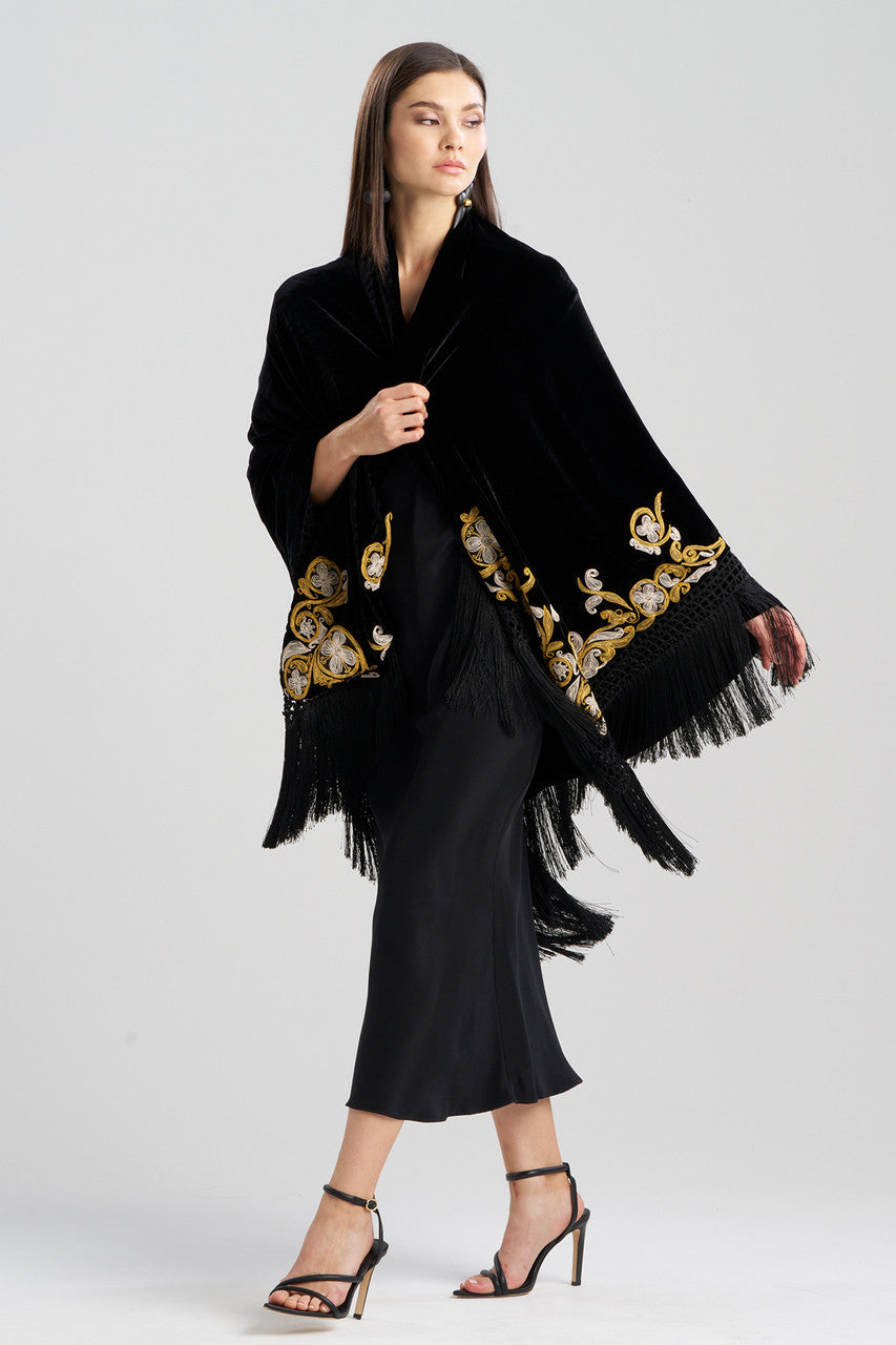 NATORI Buy Couture Velvet Embroidered Fringe Shawl in Black Online