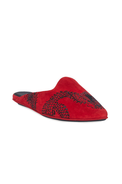 NATORI Buy Image Suede Dragon Embroidery Slide in Brocade Red Suede Online