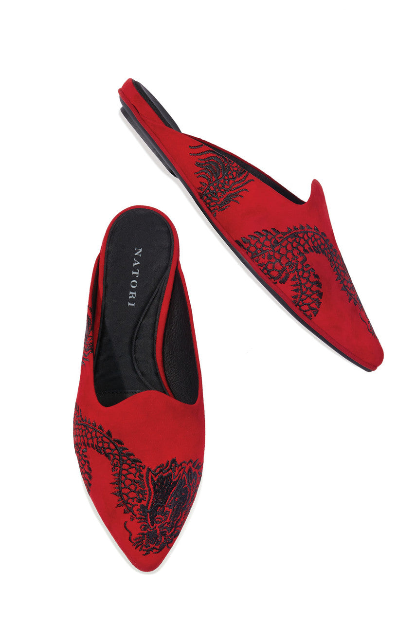 NATORI Buy Image Suede Dragon Embroidery Slide in Brocade Red Suede Online