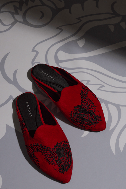 NATORI Buy Image Suede Dragon Embroidery Slide in Brocade Red Suede Online