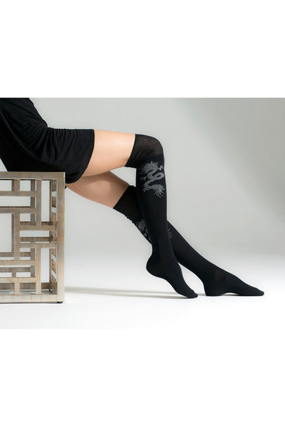 NATORI Buy Textured Cuff Dragon Over the Knee Socks in Black Online