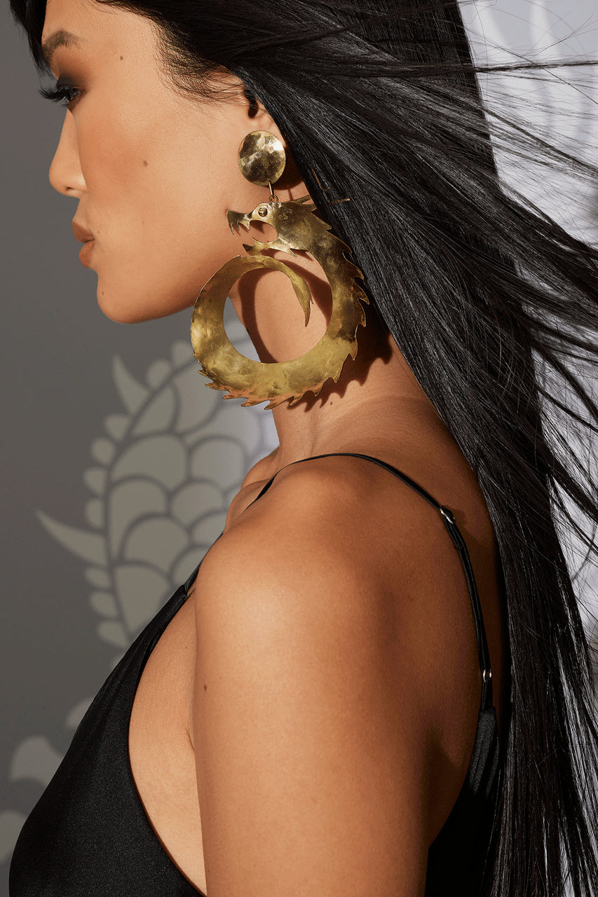 NATORI Buy Hammered Brass Dragon Swirl Drop Clip Earrings in Gold Online