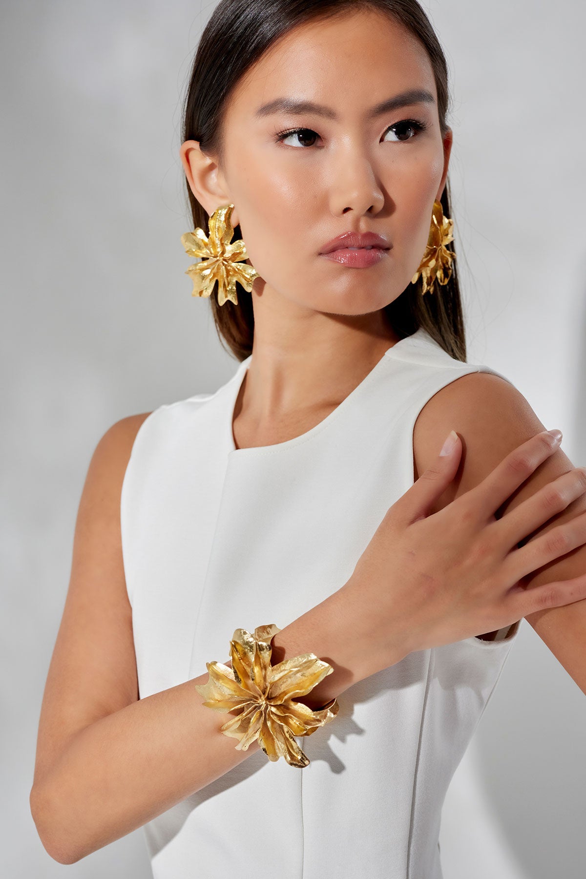 NATORI Gold Plated Brass Floral Cuff Bracelet