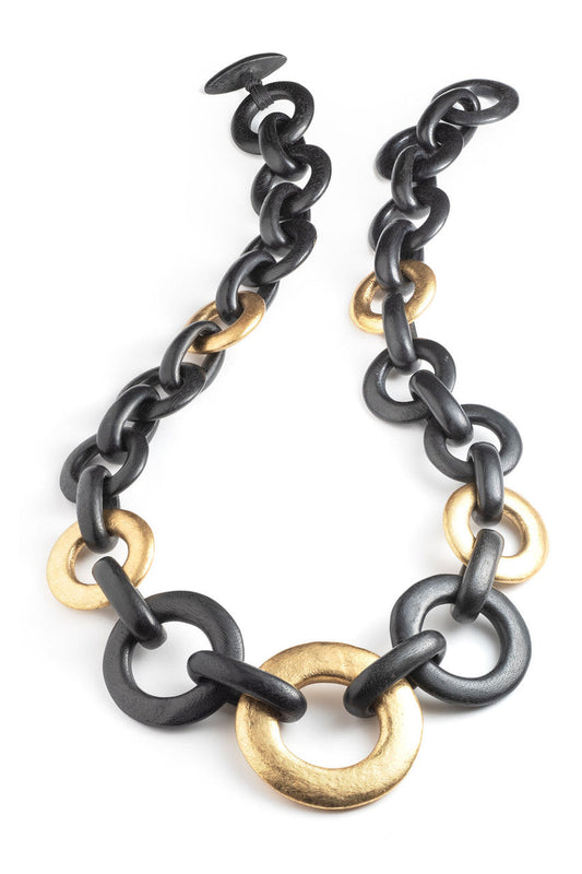NATORI Buy Acacia Wood and Gold Plated Circle Chain Link Necklace in Black/Gold Online