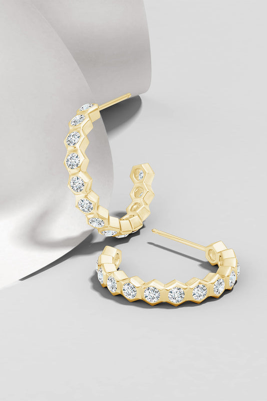 NATORI Buy Indochine 14k Small Stacked Hexagon Diamond J-Hoop Earrings in 14K Yellow Gold Online