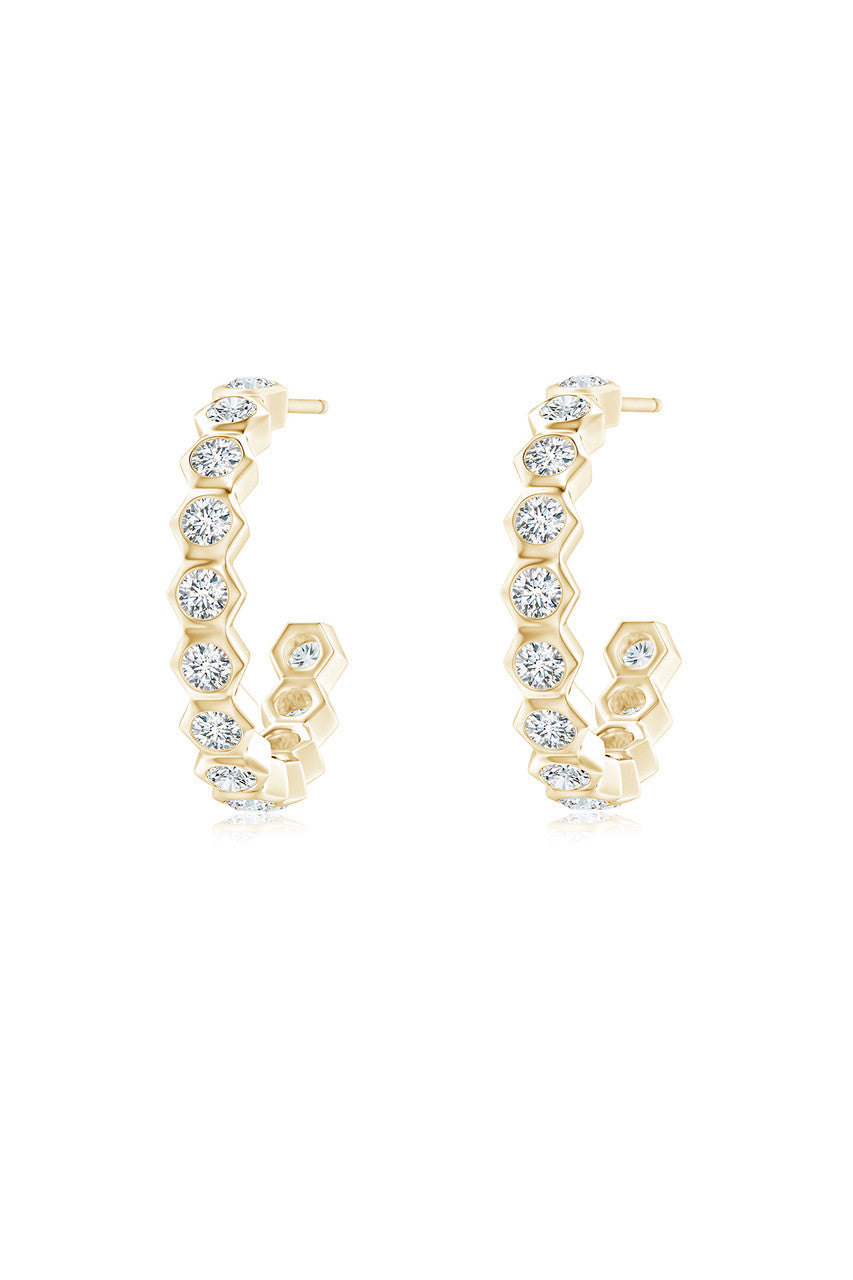 NATORI Buy Indochine 14k Small Stacked Hexagon Diamond J-Hoop Earrings in 14K Yellow Gold Online