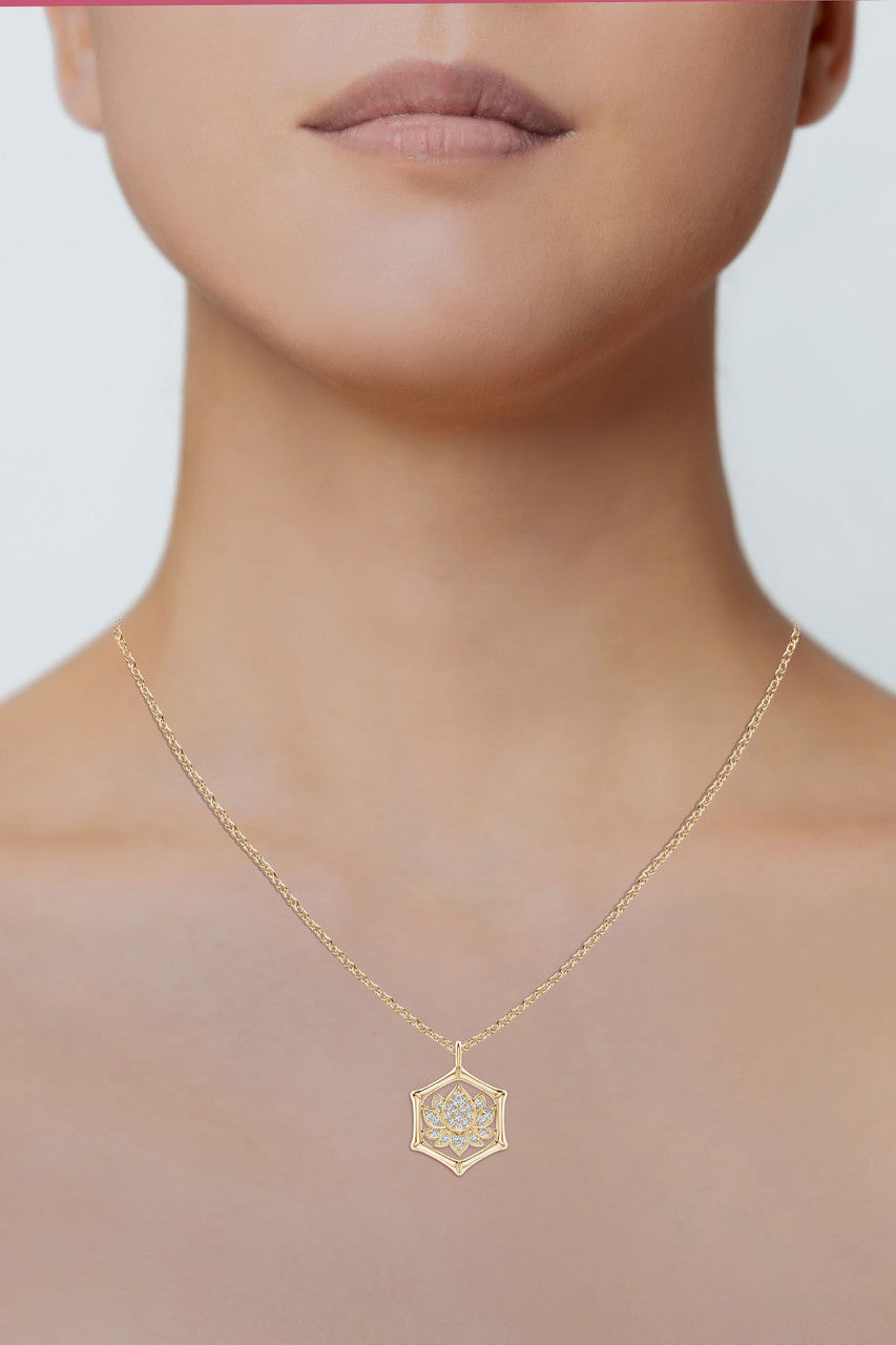 NATORI Buy Indochine Spirit 14k Bamboo Frame Lotus Diamond Pendant Necklace in 14K Yellow Gold Online