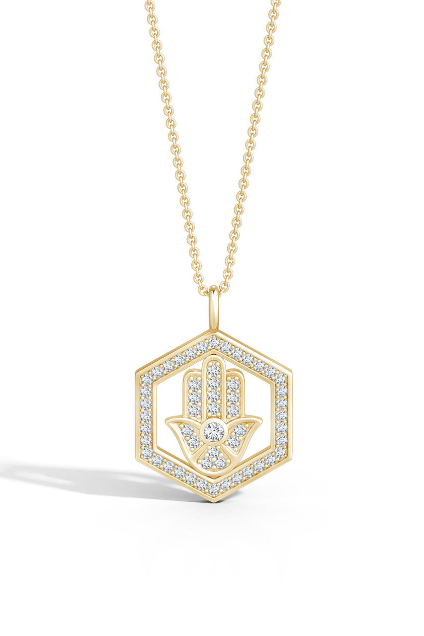 NATORI Buy Indochine Spirit 14k Hexagon Frame Hamsa Pave Diamond Pendant Necklace in 14K Yellow Gold Online