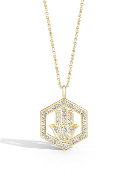 NATORI Buy Indochine Spirit 14k Hexagon Frame Hamsa Pave Diamond Pendant Necklace in 14K Yellow Gold Online