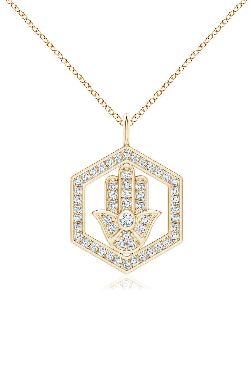 NATORI Buy Indochine Spirit 14k Hexagon Frame Hamsa Pave Diamond Pendant Necklace in 14K Yellow Gold Online