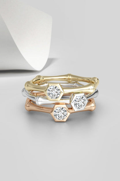 NATORI Buy Indochine 14k Hex Frame Diamond Solitaire Bamboo Ring in 14K Yellow Gold Online