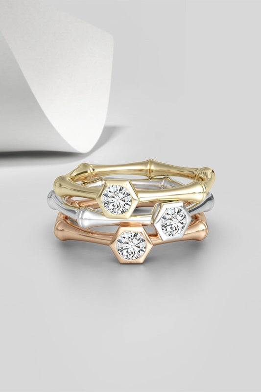 NATORI Buy Indochine 14k Hex Frame Diamond Solitaire Bamboo Ring in 14K Yellow Gold Online