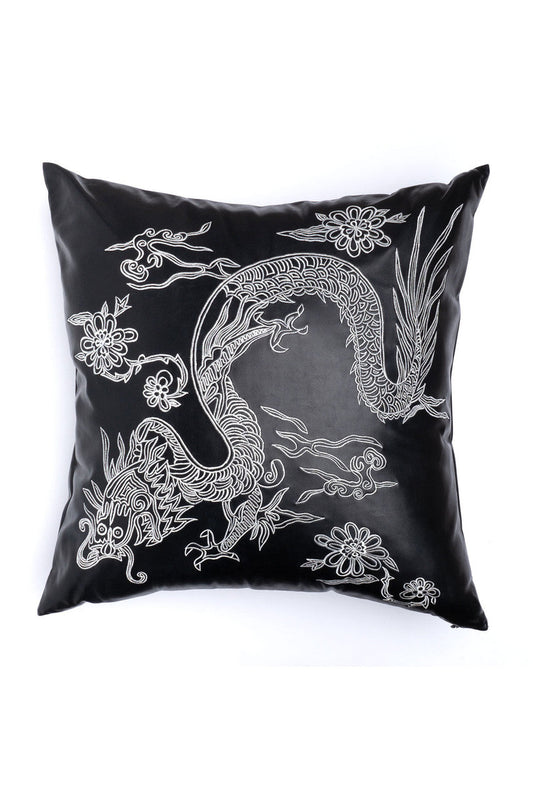 NATORI Buy Vegan Luxe Leather Mandarin Embroidered Dragon Pillow in Black Online