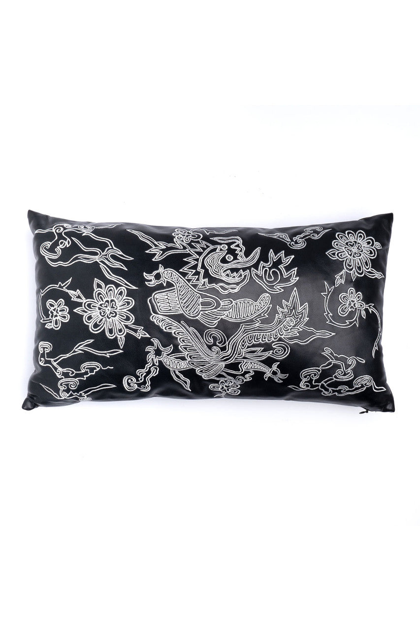 NATORI Buy Vegan Luxe Leather Mandarin Embroidered Dragon Oblong Pillow in Black Online