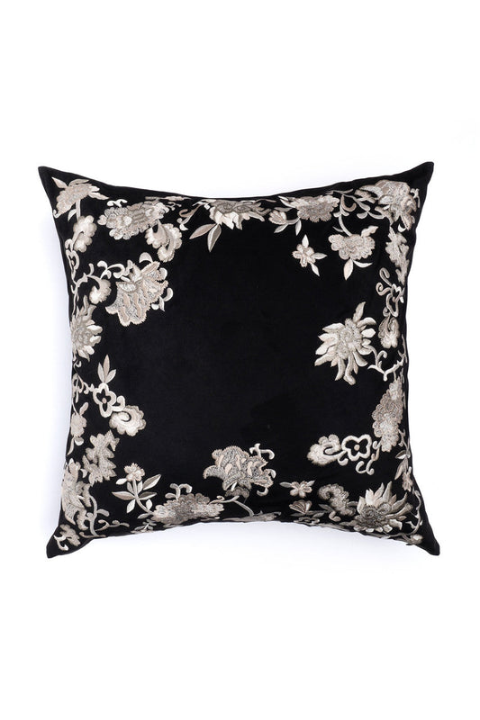 NATORI Buy Faux Suede Mandarin Embroidered Trim Pillow in Black Online