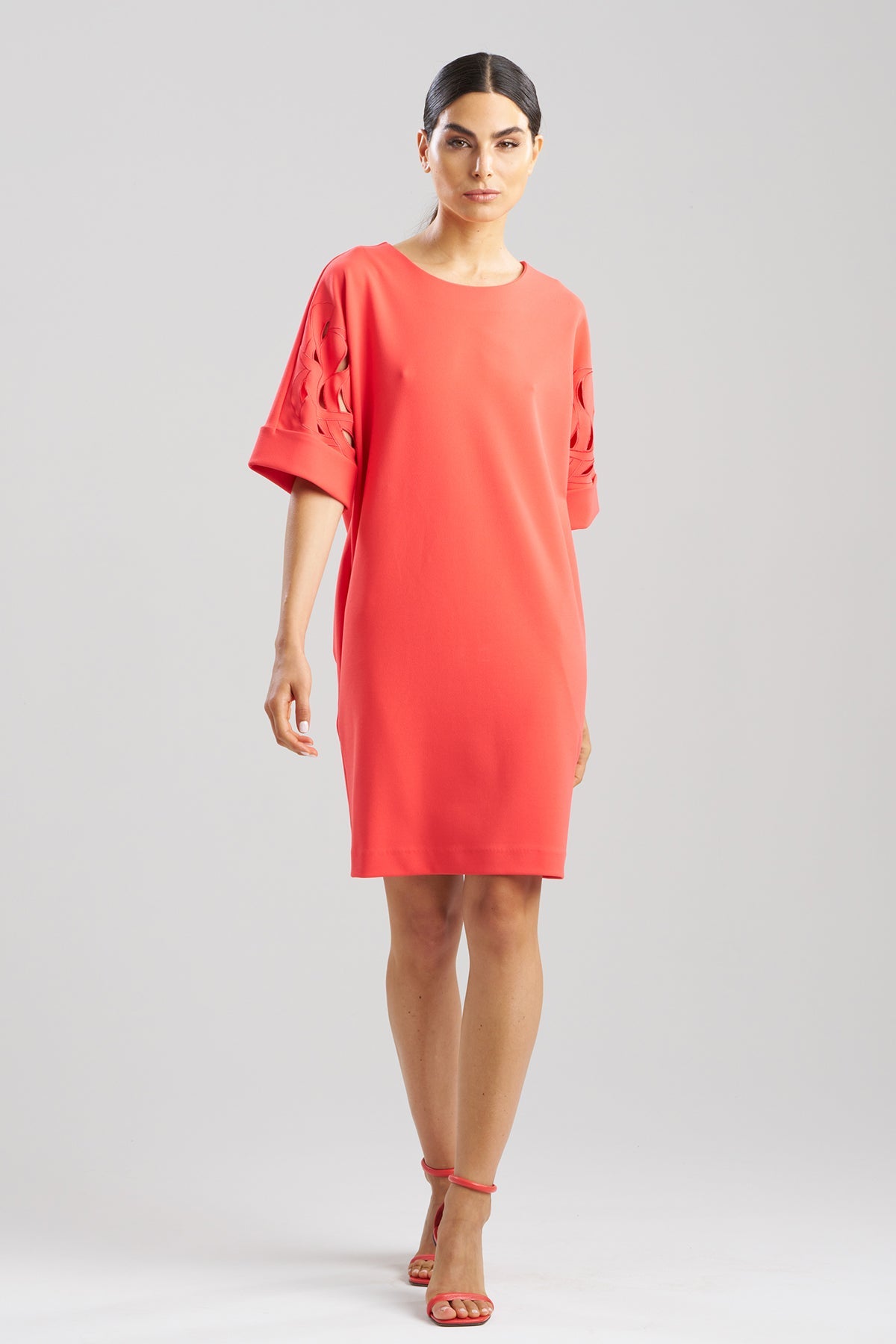 NATORI Solid Knit Crepe Embroidered Geometric T-shirt Dress