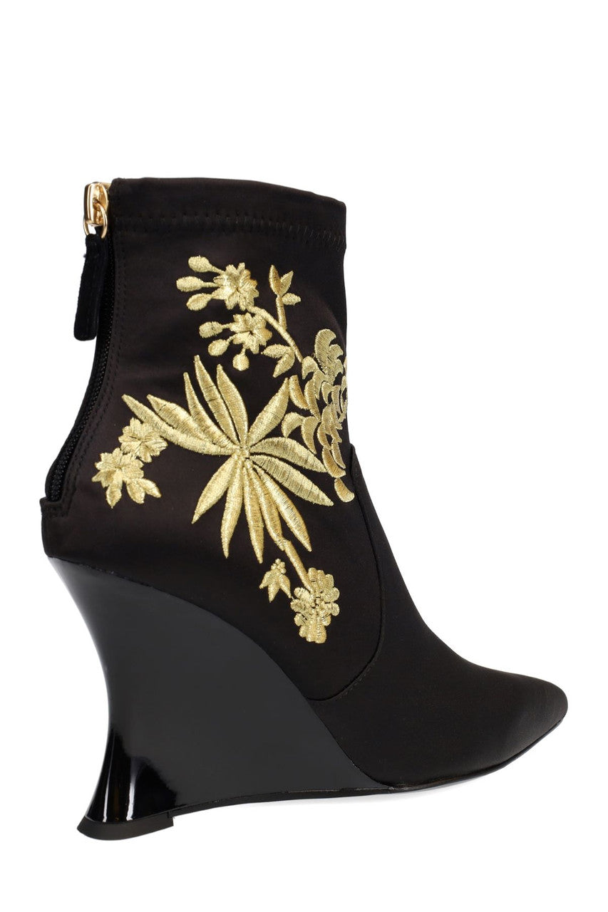 NATORI Buy Neko Satin Embroidery Wedge Ankle Boot in Black/Gold Online
