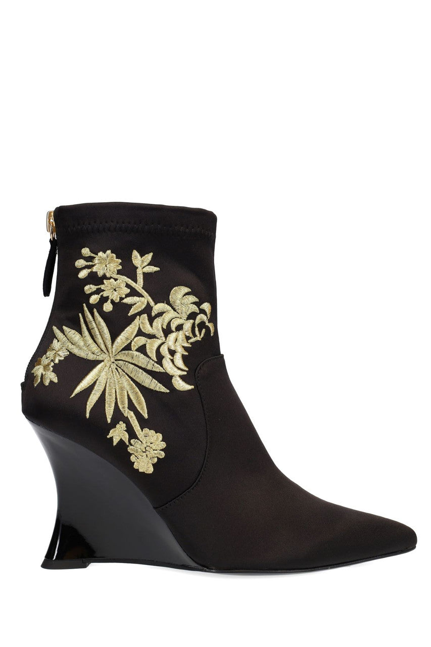 NATORI Buy Neko Satin Embroidery Wedge Ankle Boot in Black/Gold Online