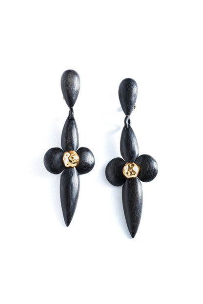 NATORI Buy Acacia Wood and Silver Plated Large Teardrop Floral Earrings in Black Online