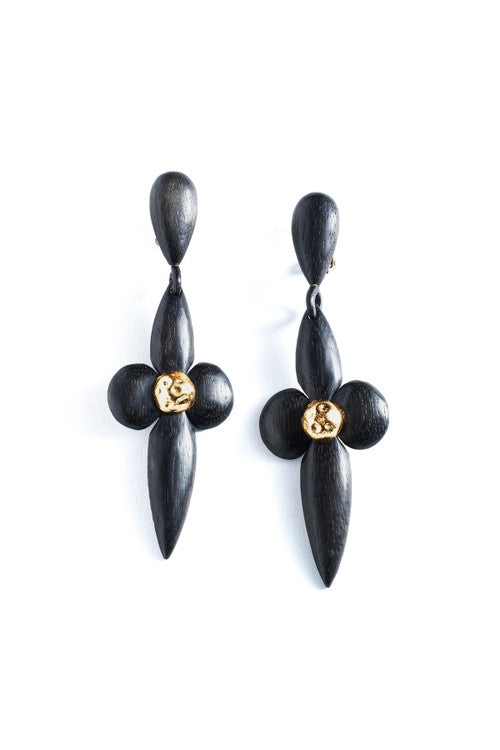 NATORI Buy Acacia Wood and Silver Plated Large Teardrop Floral Earrings in Black Online