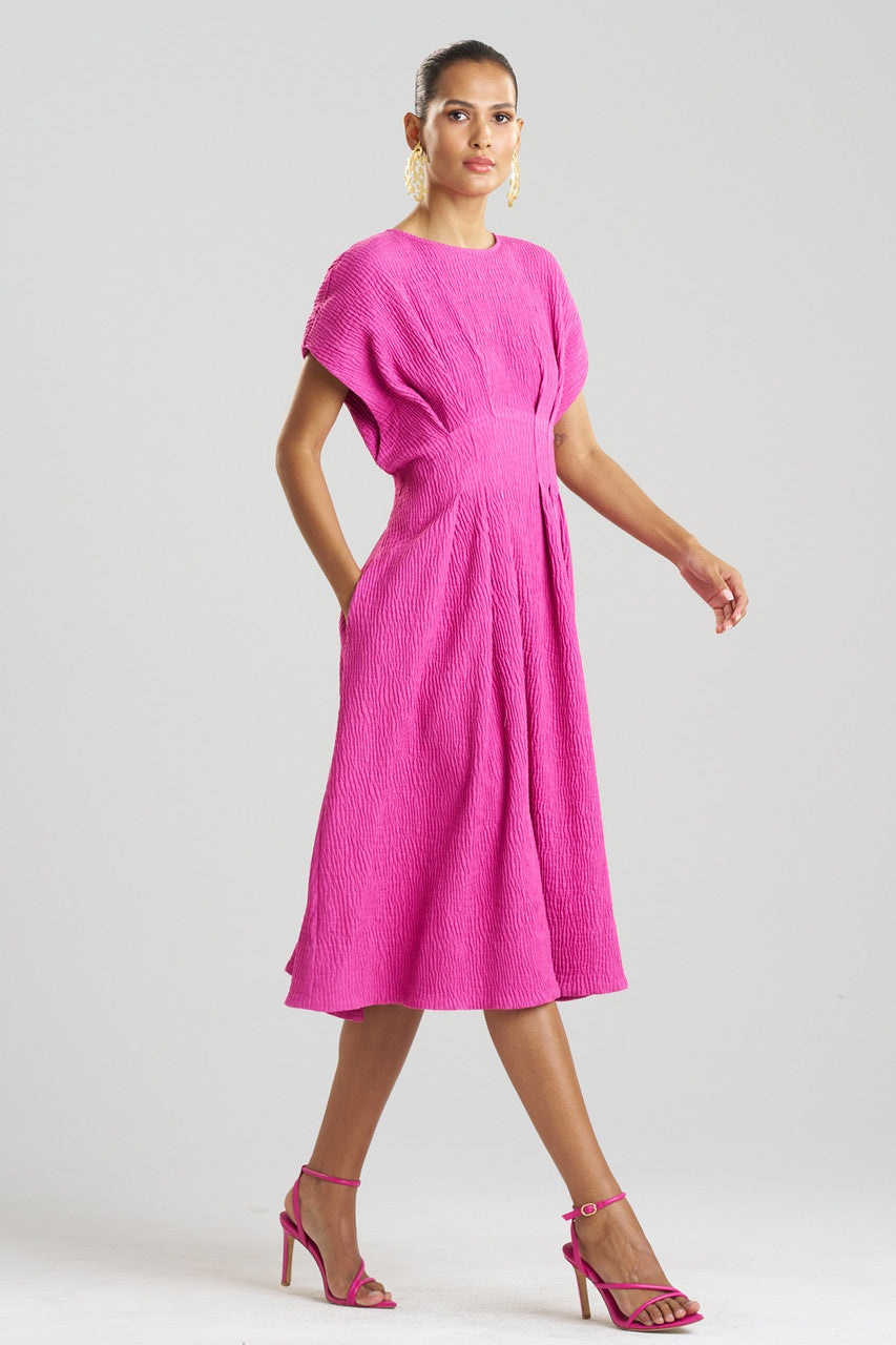 NATORI Buy Textured Cotton Jacquard Pleated Dress in Bright Berry Online