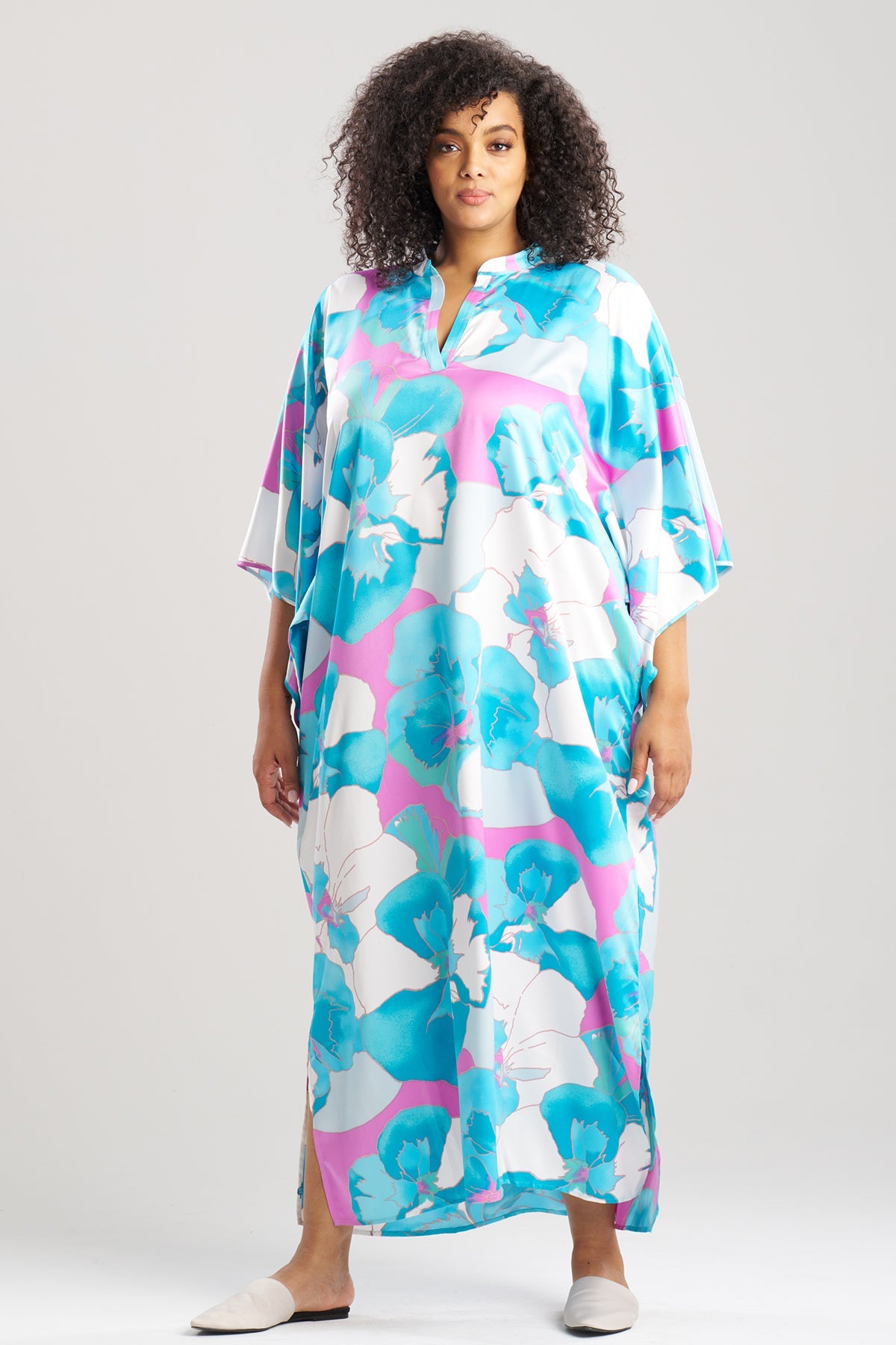 NATORI Floria Printed Satin Mandarin Caftan