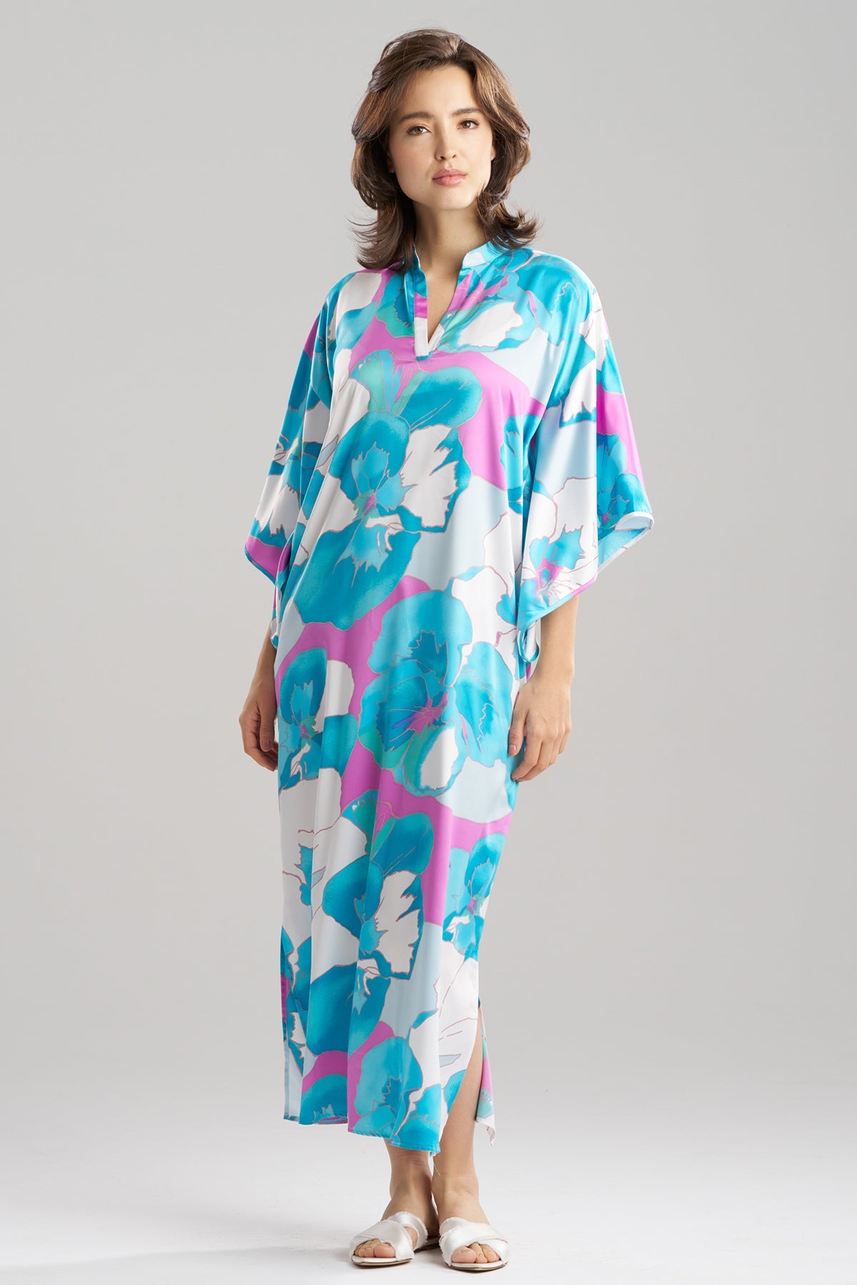 NATORI Floria Printed Satin Mandarin Caftan