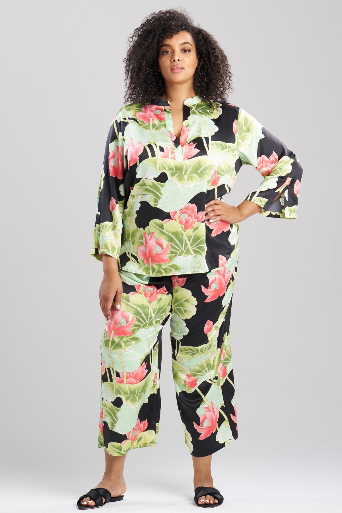 NATORI Ascendant Lotus Printed Satin Mandarin PJ Set
