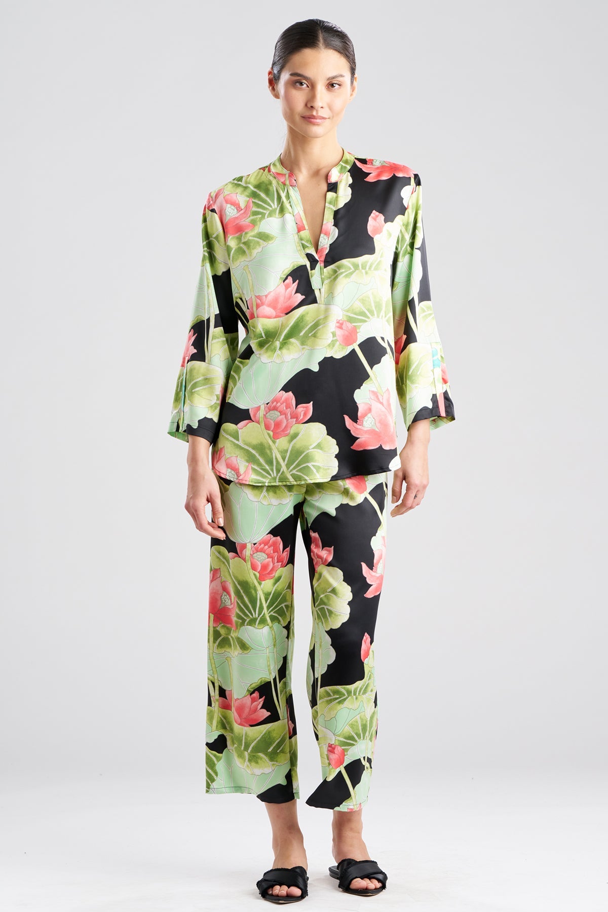 NATORI Ascendant Lotus Printed Satin Mandarin PJ Set