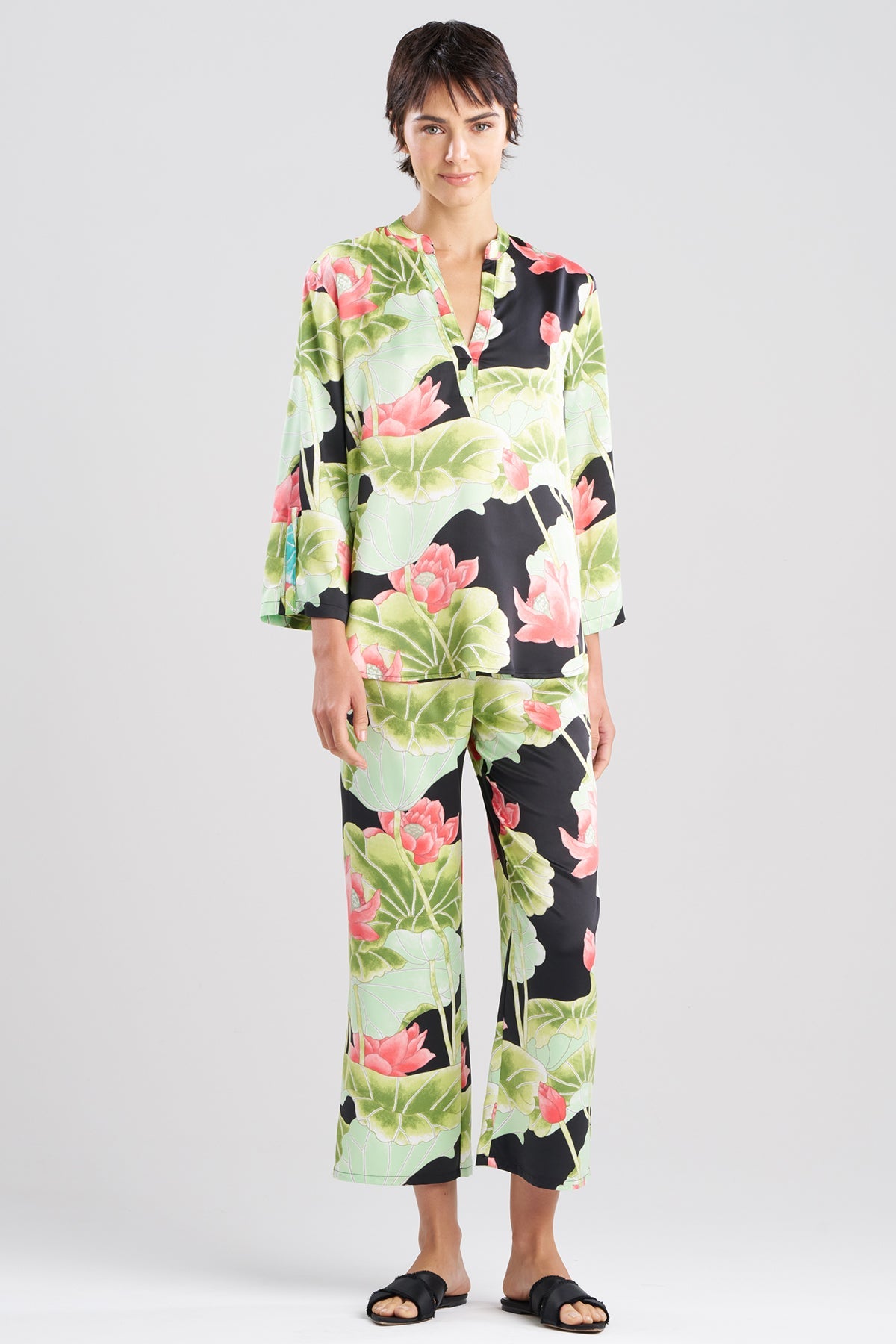NATORI Ascendant Lotus Printed Satin Mandarin PJ Set