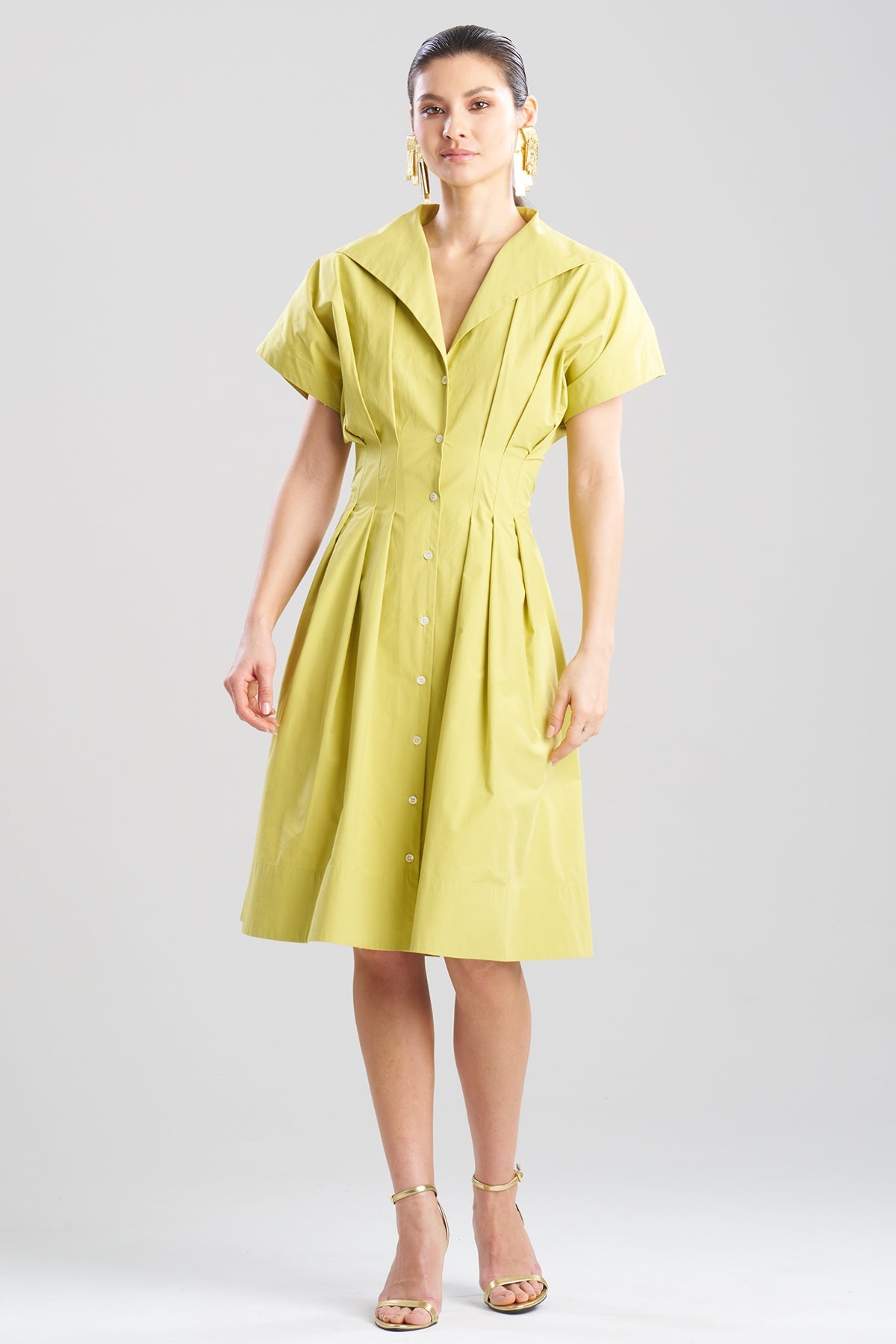 NATORI Tech Cotton Taffeta Pleat Release Button Down Shirtdress