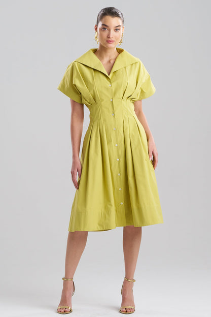 NATORI Tech Cotton Taffeta Pleat Release Button Down Shirtdress