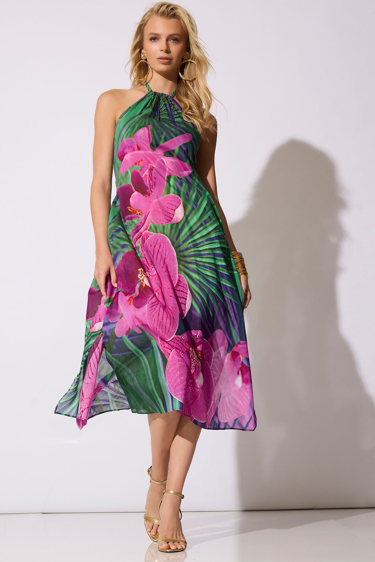 NATORI Orchid Silk Cotton Voile Halter Dress