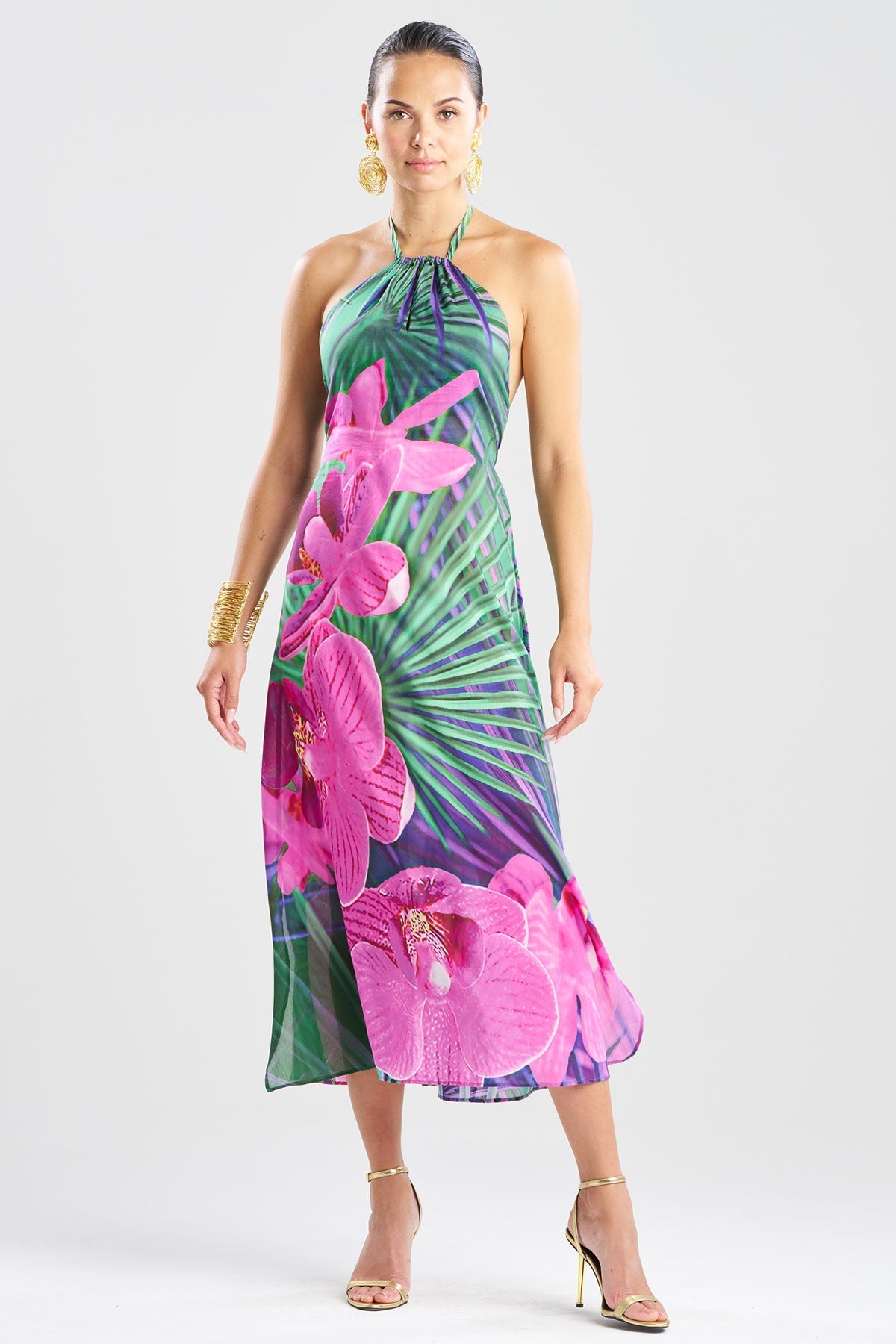 NATORI Orchid Silk Cotton Voile Halter Dress