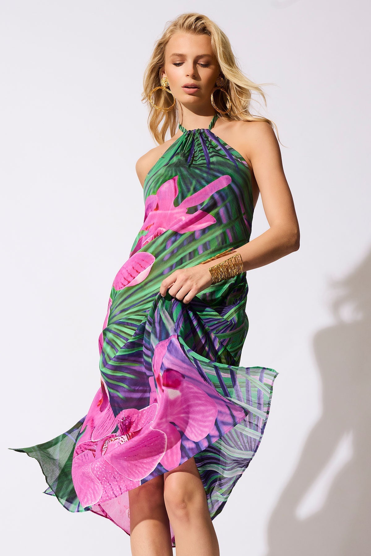 NATORI Orchid Silk Cotton Voile Halter Dress