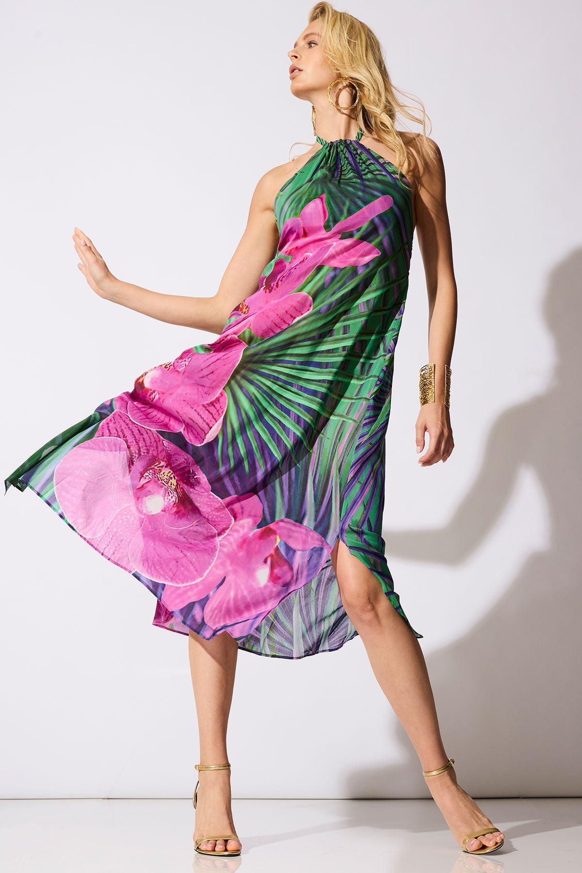 NATORI Orchid Silk Cotton Voile Halter Dress