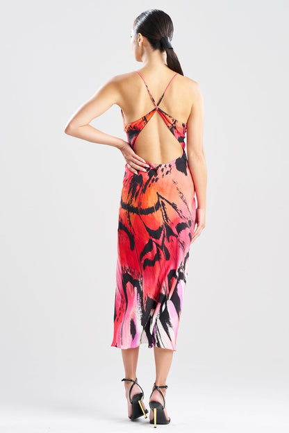NATORI Butterfly Linen Blend Open Back Slip Dress