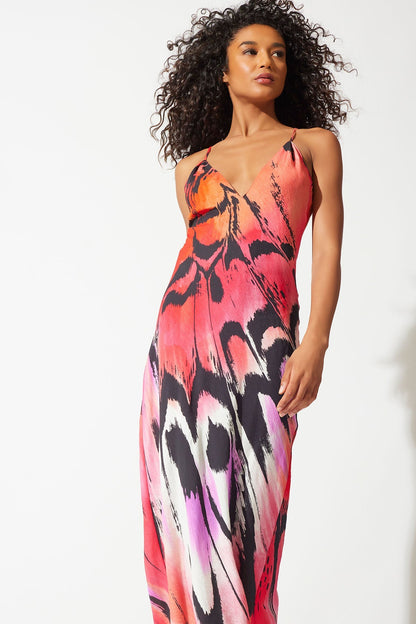 NATORI Butterfly Linen Blend Open Back Slip Dress