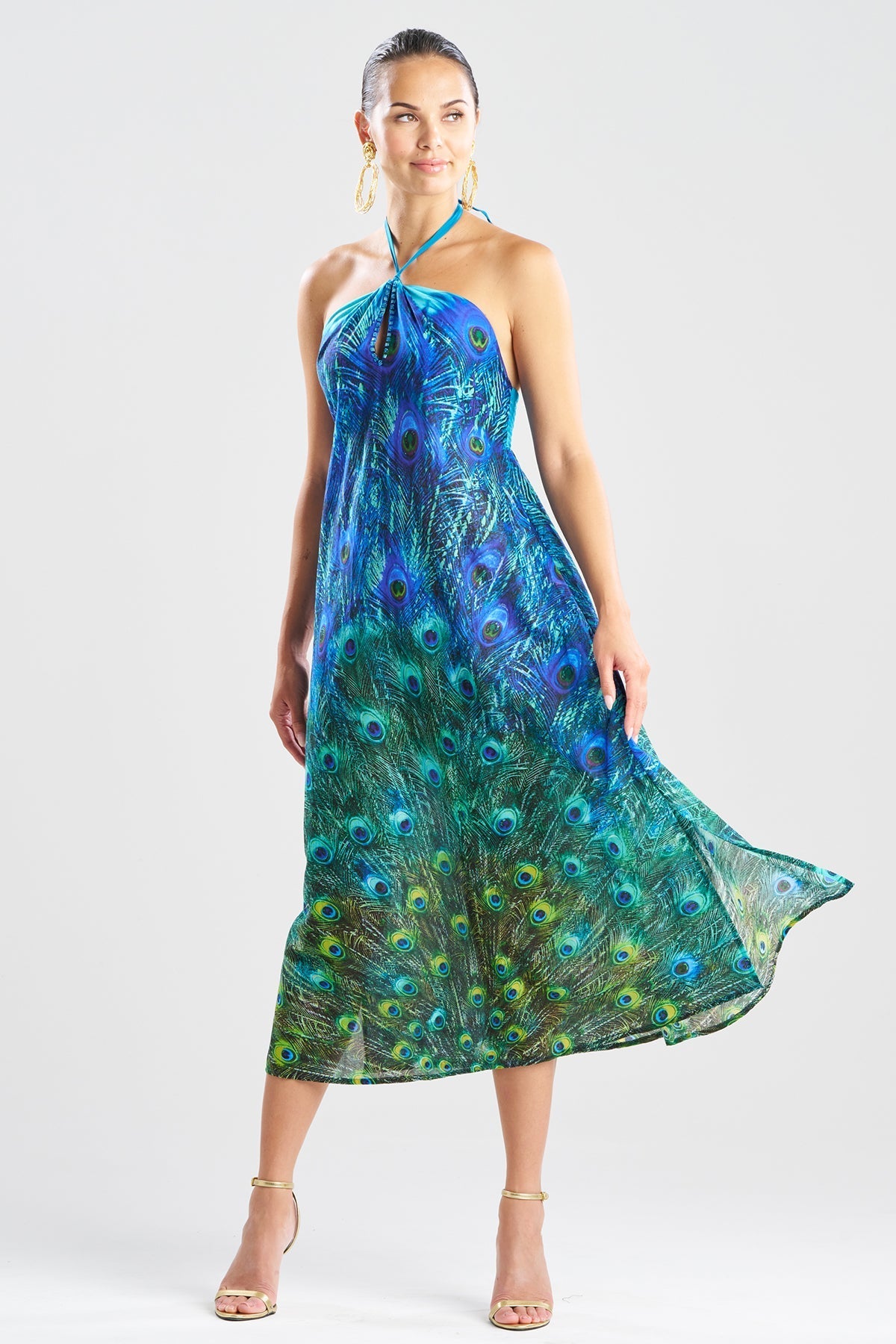 NATORI Peacock Cotton Voile Beaded Maxi Dress