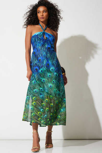 NATORI Peacock Cotton Voile Beaded Maxi Dress