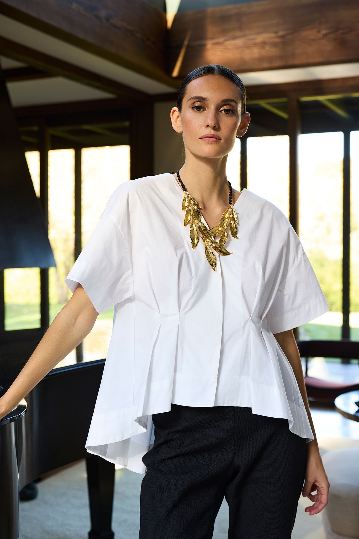 NATORI Fresh Water Pearl & Gold Plated Cluster Leaf Necklace