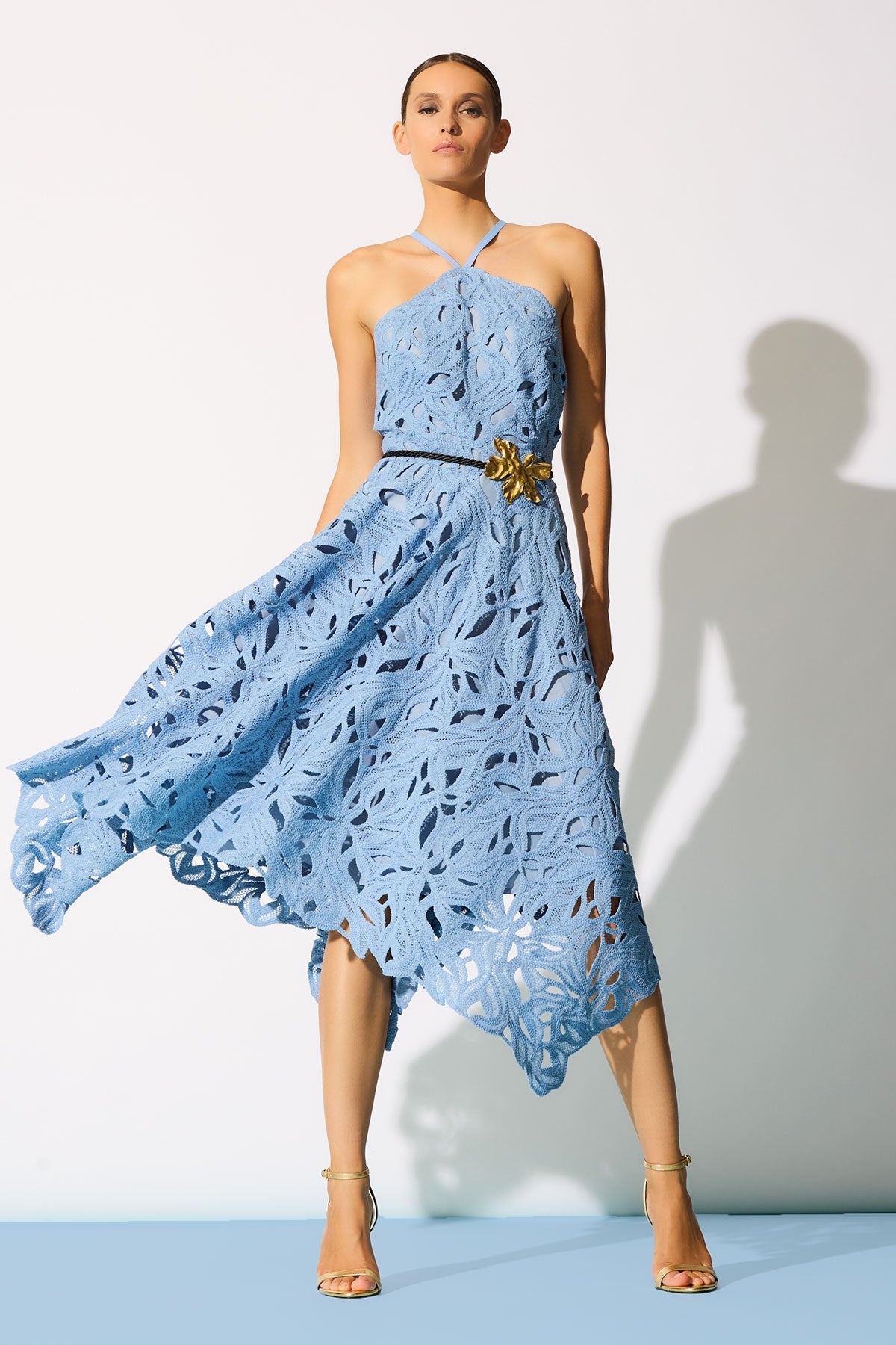 NATORI Cutout Leaf Lace Halter Dress