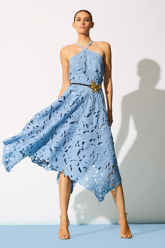 NATORI Cutout Leaf Lace Halter Dress